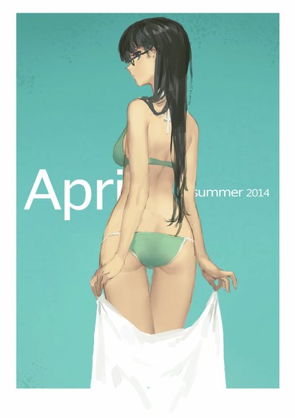 Anime picture 827x1169 with original hjl single long hair tall image looking at viewer light erotic black hair green eyes looking back from behind girl swimsuit bikini glasses cloth