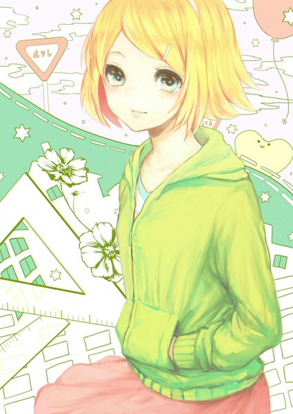 Anime picture 708x1000 with vocaloid melancholic (vocaloid) kagamine rin yuji kazakiri single tall image looking at viewer blush short hair blue eyes blonde hair smile standing sky hands in pockets casual girl skirt flower (flowers) jacket