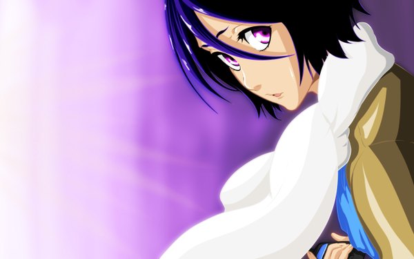 Anime picture 5040x3150 with bleach studio pierrot kuchiki rukia rocky-ace single highres short hair open mouth wide image absurdres purple hair pink eyes looking back coloring light girl scarf phone