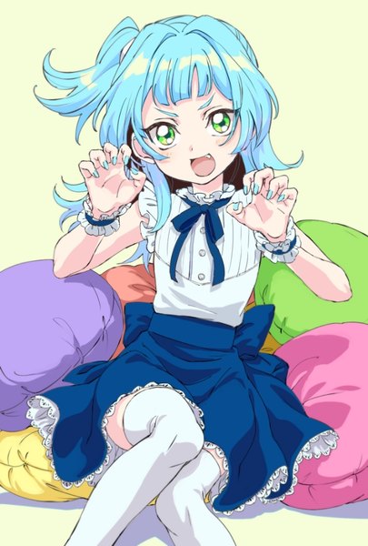 Anime picture 617x914 with yu-gi-oh! yu-gi-oh! arc-v shiunin sora aimai-me single long hair tall image looking at viewer blush fringe open mouth sitting green eyes blue hair nail polish fingernails fang (fangs) alternate costume side ponytail alternate hairstyle