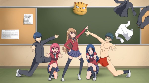 Anime picture 1200x673 with suzumiya haruhi no yuutsu toradora kyoto animation j.c. staff aisaka taiga kawashima ami kushieda minori takasu ryuuji kitamura yuusaku light erotic wide image undressing parody girl fundoshi hare hare yukai