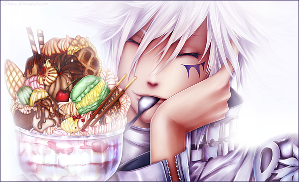 Anime picture 3033x1847 with katekyou hitman reborn byakuran inira single highres short hair simple background smile wide image white background holding white hair eyes closed tattoo mouth hold coloring facial mark boy food sweets