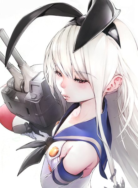 Anime picture 1145x1560 with kantai collection shimakaze destroyer rensouhou-chan tifa18 single long hair tall image blush simple background white background bare shoulders white hair from above black eyes :3 girl gloves bow hair bow elbow gloves