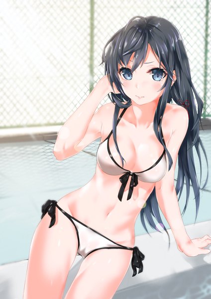 Anime picture 1000x1414 with yahari ore no seishun love comedy wa machigatteiru. brains base (studio) yukinoshita yukino sahara386 single long hair tall image looking at viewer blush breasts blue eyes light erotic black hair arm support groin adjusting hair girl navel swimsuit bikini