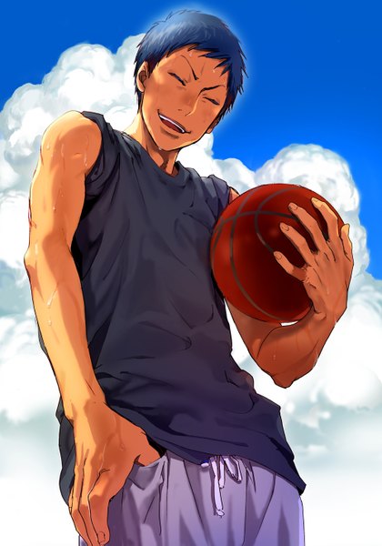 Anime picture 1000x1427 with kuroko no basket production i.g aomine daiki okada zari (pixiv id 3651167) single tall image short hair open mouth smile blue hair sky cloud (clouds) eyes closed dark skin hand in pocket basketball boy basketball ball