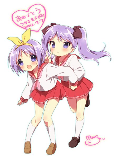 Anime picture 814x1100 with lucky star kyoto animation hiiragi kagami hiiragi tsukasa usashiro mani long hair tall image blush short hair open mouth simple background white background purple eyes twintails multiple girls signed purple hair :d victory siblings