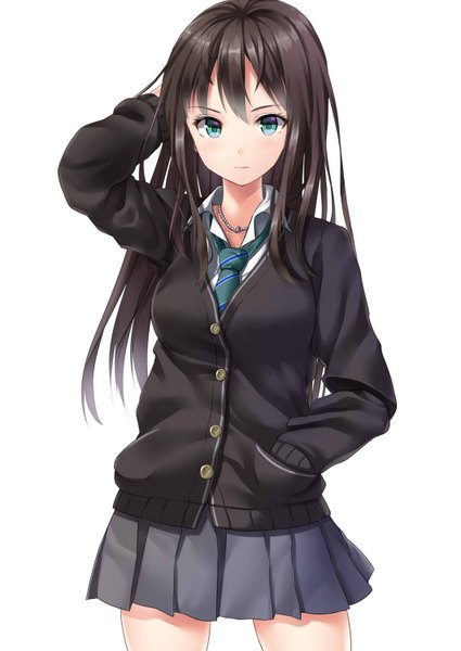 Anime picture 1062x1500 with idolmaster cinderella girls shibuya rin alexmaster single long hair tall image looking at viewer black hair simple background standing white background pleated skirt aqua eyes hand in pocket girl skirt uniform school uniform choker necktie