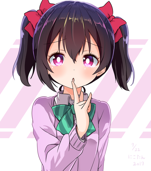 Anime picture 903x1018 with love live! school idol project sunrise (studio) love live! yazawa nico shikei (jigglypuff) single tall image blush fringe short hair black hair hair between eyes twintails upper body pink eyes :o finger to mouth dated short twintails mmm