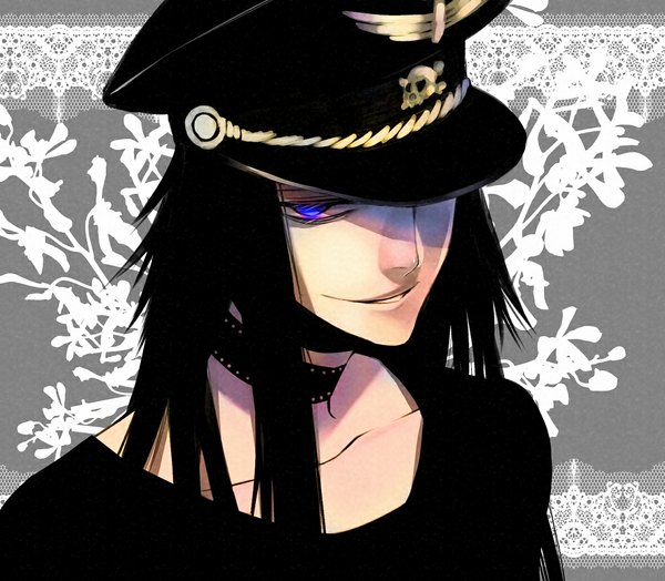 Anime picture 1134x992 with original shijuu hachi single long hair looking at viewer blue eyes black hair smile boy headdress peaked cap