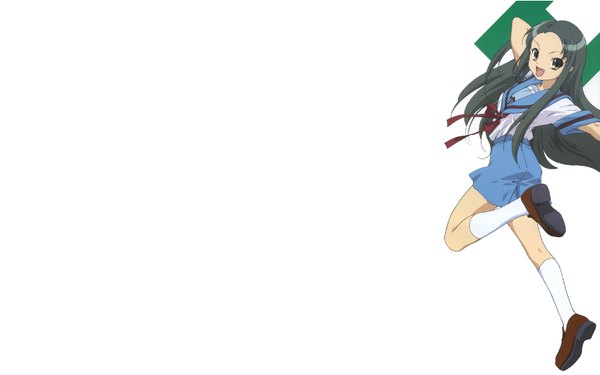 Anime picture 1680x1050 with suzumiya haruhi no yuutsu kyoto animation tsuruya single long hair open mouth simple background wide image white background yellow eyes green hair teeth fang (fangs) girl skirt uniform school uniform socks serafuku white socks