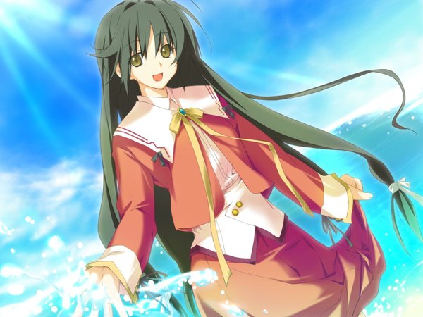 Anime picture 1600x1200 with happy margaret kitanoji nozomi kokonoka single long hair open mouth green eyes game cg :d green hair sunlight skirt uniform ribbon (ribbons) school uniform sea splashes