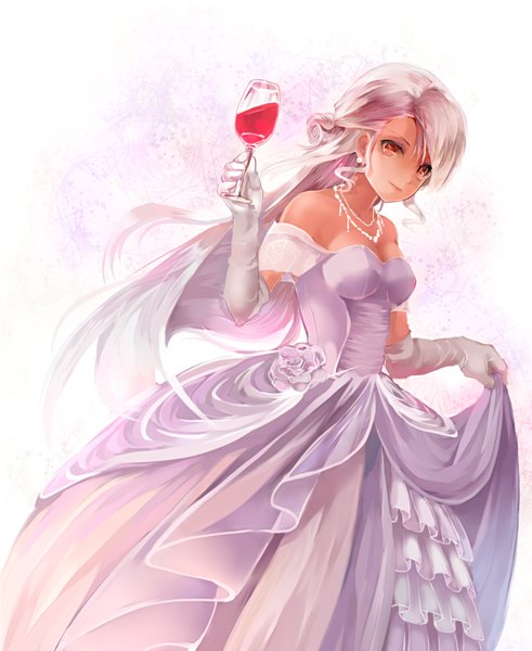 Anime picture 1000x1222 with original r04315 single long hair tall image fringe breasts simple background white background bare shoulders holding pink hair orange eyes girl dress gloves earrings elbow gloves jewelry necklace