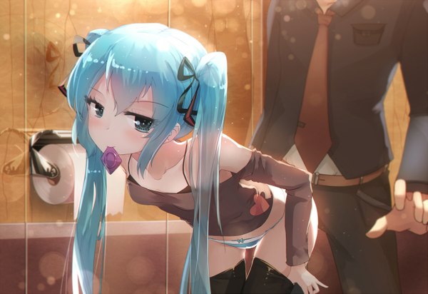 Anime picture 1500x1031 with vocaloid hatsune miku qys3 long hair looking at viewer blush blue eyes light erotic twintails aqua hair condom in mouth girl thighhighs boy underwear panties ribbon (ribbons) black thighhighs hair ribbon striped panties