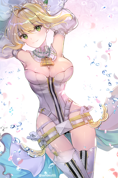 Anime picture 600x900 with fate (series) fate/grand order fate/extra fate/extra ccc nero claudius (fate) (all) nero claudius (bride) (fate) tobbang single tall image looking at viewer blush breasts light erotic blonde hair smile large breasts green eyes arms up armpit (armpits) ass visible through thighs