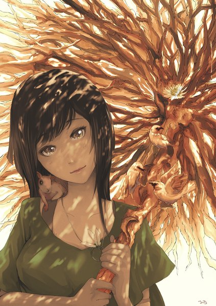 Anime picture 1748x2480 with original jn3 single long hair tall image looking at viewer blush highres black hair smile black eyes girl animal bird (birds) pendant umbrella feather (feathers)