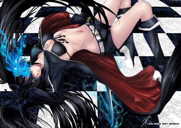 Anime picture 1754x1240 with black rock shooter black rock shooter (character) realmbw highres blue eyes black hair twintails glowing scar glowing eye (eyes) checkered background girl gloves sword bikini top