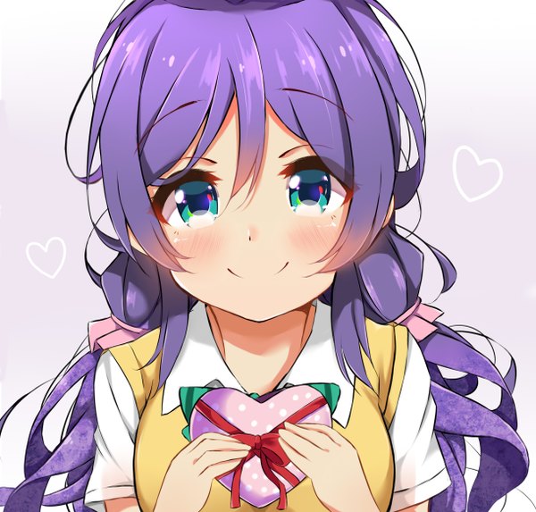 Anime picture 2440x2332 with love live! school idol project sunrise (studio) love live! toujou nozomi dorisu2 single long hair looking at viewer blush fringe highres simple background smile twintails green eyes purple hair grey background low twintails portrait valentine