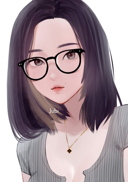 Anime picture 2480x3508 with real life adela pramestiayu (yuuchan) jubi (regiana) single tall image looking at viewer highres short hair black hair brown eyes signed light smile mole lipstick red lipstick girl glasses pendant