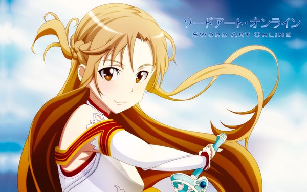 Anime picture 1280x800 with sword art online a-1 pictures yuuki asuna akilachione 0128578753maxis single long hair smile wide image brown eyes sky cloud (clouds) orange hair inscription copyright name coloring hieroglyph girl