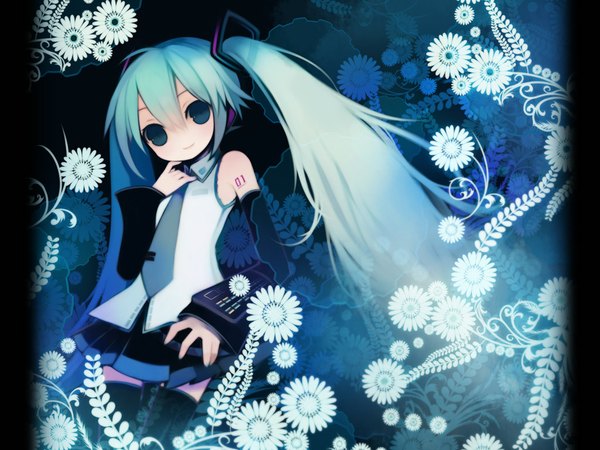 Anime picture 1024x768 with vocaloid hatsune miku twintails very long hair light smile aqua hair empty eyes girl thighhighs flower (flowers) black thighhighs detached sleeves necktie