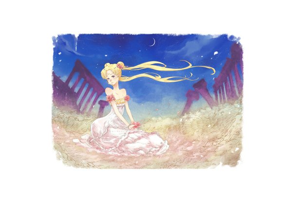 Anime picture 1280x905 with bishoujo senshi sailor moon toei animation tsukino usagi princess serenity ian olympia single blue eyes simple background blonde hair white background sitting twintails bare shoulders holding sky hair flower wind night night sky kneeling