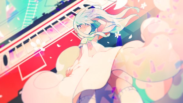 Anime picture 1000x562 with vocaloid aoki lapis souno kazuki (artist) single long hair breasts open mouth blue eyes wide image blue hair looking away sky flat chest wind lift girl dress flower (flowers) petals socks white socks