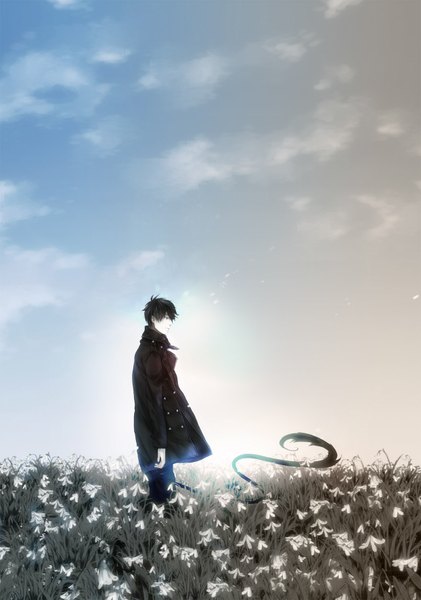 Anime picture 1244x1772 with ao no exorcist a-1 pictures okumura rin hitaki azami single tall image short hair blue eyes black hair standing sky cloud (clouds) tail profile wind pale skin boy flower (flowers) plant (plants) jacket