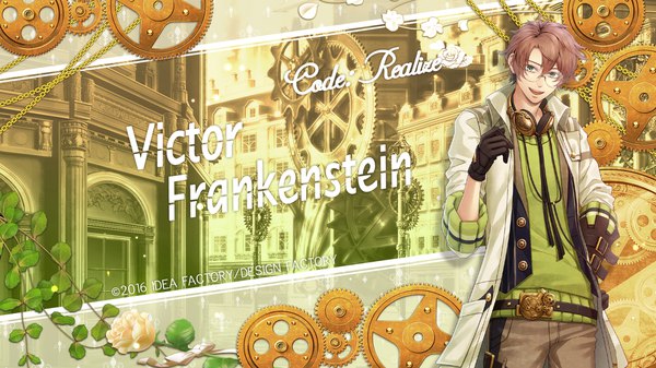 Anime picture 1920x1080 with code: realize ~sousei no himegimi~ victor frankenstein miko (artist) single fringe highres short hair open mouth smile hair between eyes brown hair wide image standing green eyes looking away official art wallpaper copyright name character names hand on hip