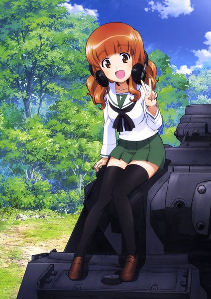 Anime picture 2891x4088 with girls und panzer takebe saori sugimoto isao single long hair tall image blush highres open mouth brown hair sitting brown eyes scan official art girl thighhighs uniform black thighhighs plant (plants) school uniform