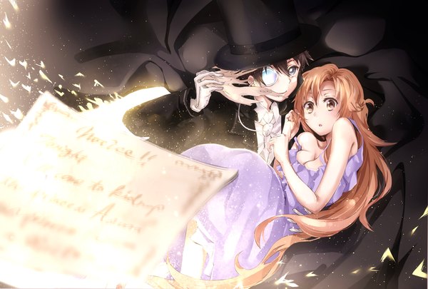 Anime picture 1898x1282 with sword art online a-1 pictures yuuki asuna kirigaya kazuto conone long hair looking at viewer highres short hair black hair brown hair brown eyes black eyes couple girl dress boy hat monocle