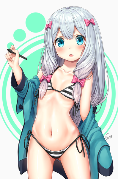 Anime picture 1155x1744 with eromanga sensei a-1 pictures izumi sagiri superpig (wlstjqdla) single long hair tall image looking at viewer blush open mouth blue eyes light erotic signed silver hair ass visible through thighs girl navel bow swimsuit hair bow
