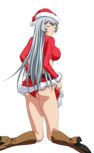 Anime picture 1024x1674 with ikkitousen chouun shiryuu single long hair tall image light erotic simple background white background eyes closed looking back grey hair kneeling christmas skirt lift girl hat fur thigh boots santa claus hat santa claus costume