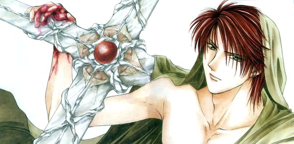 Anime picture 2825x1390 with ayashi no ceres studio pierrot toya highres brown hair wide image white background sitting green eyes boy blood cross