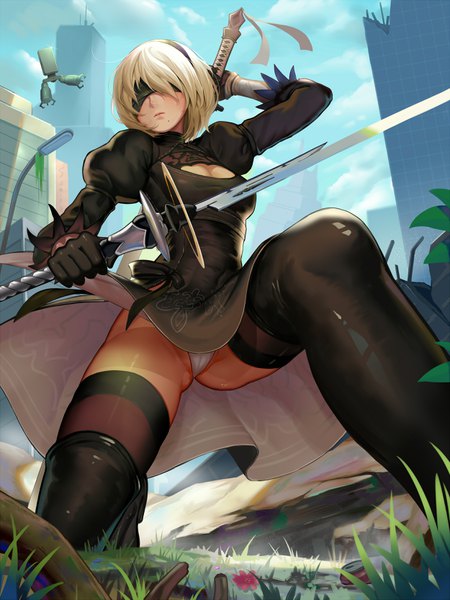 Anime picture 2500x3332 with nier nier:automata yorha no. 2 type b pod (nier:automata) sonikey0 0 single tall image highres short hair light erotic blonde hair holding sky cleavage cloud (clouds) long sleeves arm up mole from below puffy sleeves