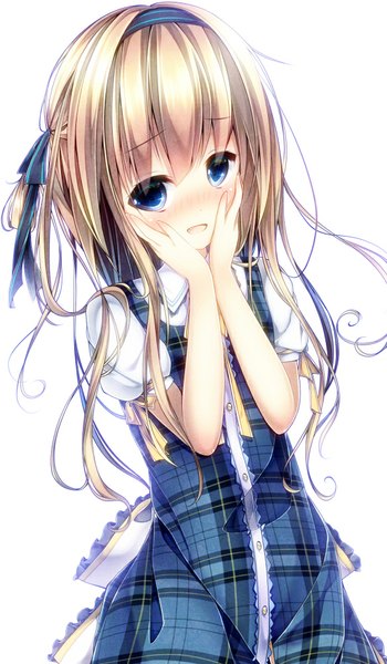 Anime picture 584x1000 with original ayatan-kiri single long hair tall image looking at viewer blush fringe blue eyes simple background blonde hair standing white background embarrassed plaid girl ribbon (ribbons) hair ribbon