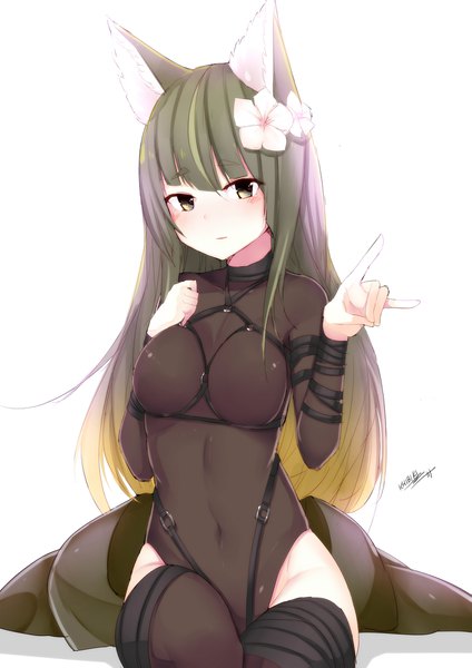 Anime picture 1527x2160 with tenka hyakken kitsunegasaki tametsugu (tenka hyakken) khibiki (brequiem) single long hair tall image looking at viewer blush fringe breasts light erotic simple background large breasts white background sitting green eyes signed animal ears payot hair flower