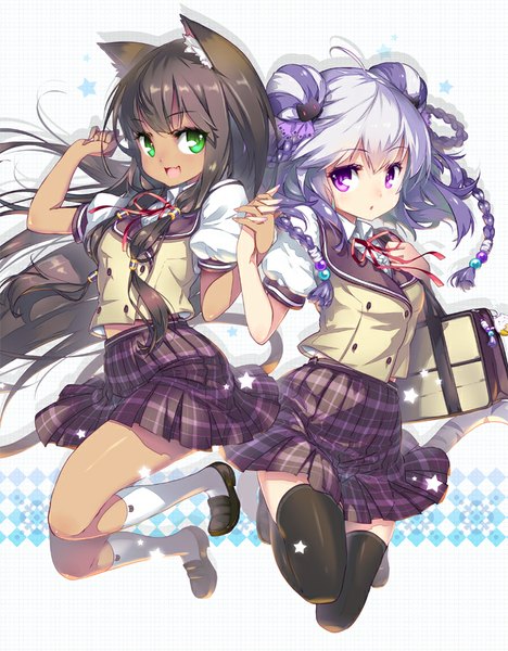 Anime picture 703x900 with puzzle & dragons haku (p&d) bastet (p&d) hong (white spider) long hair tall image looking at viewer fringe brown hair purple eyes multiple girls green eyes animal ears purple hair ahoge bent knee (knees) white hair tail braid (braids) parted lips