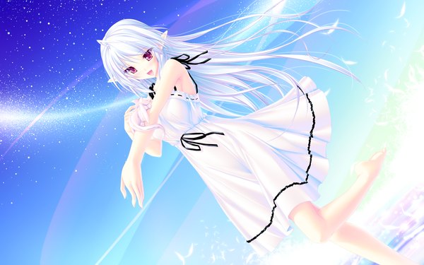Anime picture 2560x1600 with maikaze no melt tenmaso long hair highres open mouth red eyes wide image white hair pointy ears girl sundress