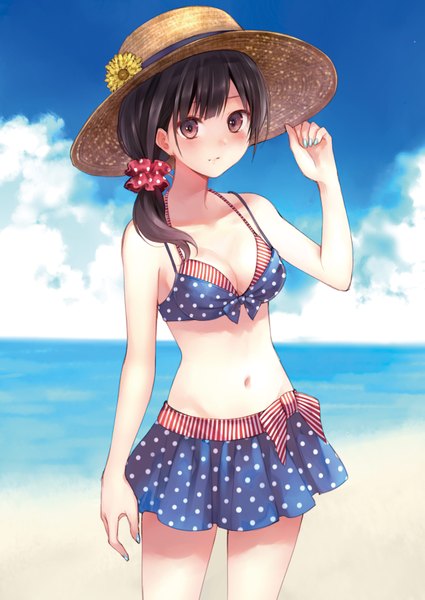 Anime picture 2509x3542 with original fukahire (ruinon) single long hair tall image looking at viewer blush highres black hair standing holding brown eyes sky cloud (clouds) outdoors nail polish bare belly beach polka dot girl