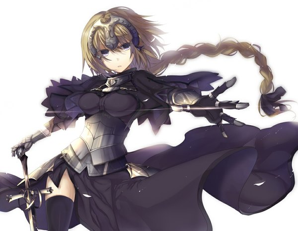 Anime picture 1000x775 with fate (series) fate/apocrypha type-moon jeanne d'arc (fate) (all) jeanne d'arc (fate) teigi single long hair blue eyes blonde hair white background braid (braids) girl thighhighs dress gloves weapon black thighhighs sword armor