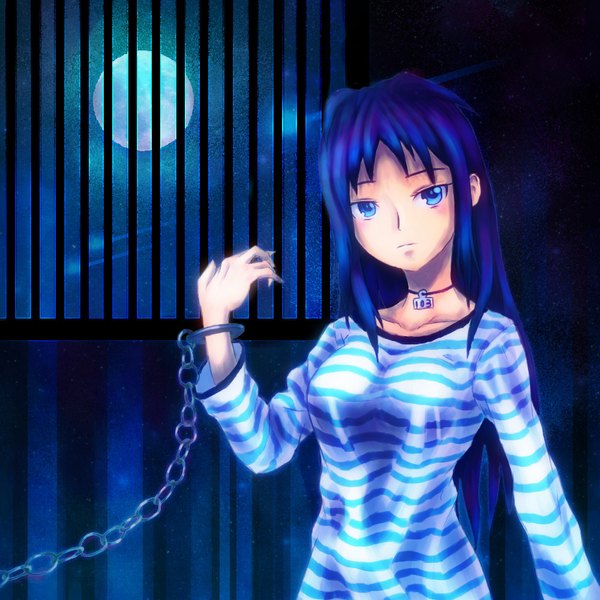 Anime picture 1000x1000 with original samael single long hair looking at viewer blush blue eyes blue hair night blue background striped girl chain full moon