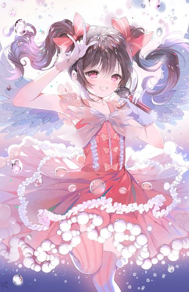 Anime picture 700x1079 with love live! school idol project sunrise (studio) love live! yazawa nico repi987 single long hair tall image looking at viewer blush fringe open mouth smile twintails purple hair pink eyes angel wings white wings mmm girl