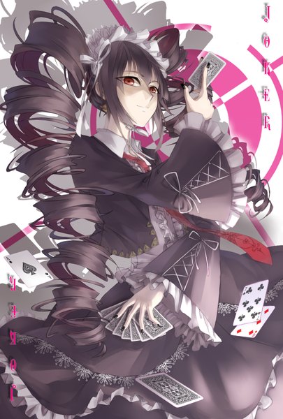 Anime picture 1181x1748 with dangan ronpa celestia ludenberg criin single long hair tall image fringe black hair smile red eyes twintails holding looking away nail polish fingernails wide sleeves shadow drill hair girl dress