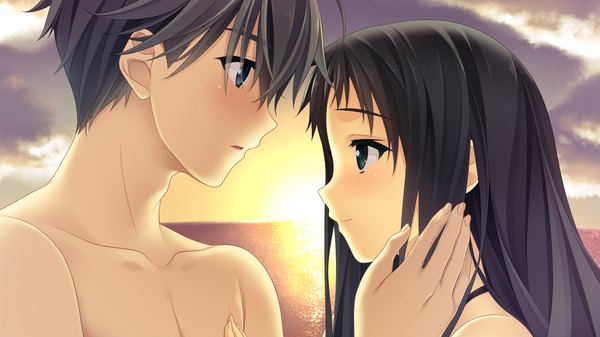 Anime picture 1920x1080 with berry's makinosawa ena hashimoto takashi long hair highres short hair blue eyes black hair wide image bare shoulders green eyes game cg cloud (clouds) profile couple evening sunset girl boy