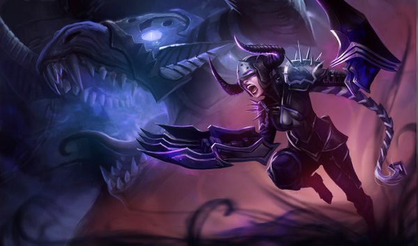 Anime picture 1215x717 with league of legends shyvana (league of legends) open mouth wide image purple eyes horn (horns) teeth sharp teeth girl weapon armor helmet dragon thorns
