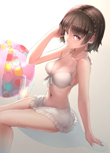 Anime picture 826x1142 with persona 5 persona niijima makoto omoti (1201208) single tall image looking at viewer fringe short hair breasts light erotic smile red eyes brown hair sitting cleavage bent knee (knees) braid (braids) parted lips from above