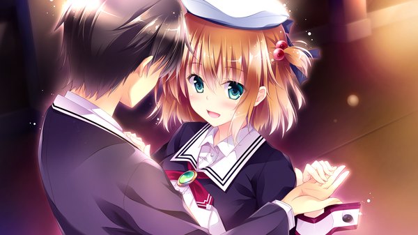 Anime picture 1920x1080 with golden marriage ensemble (studio) tange kasumi blush highres short hair open mouth blue eyes black hair brown hair wide image game cg couple one side up girl dress boy beret