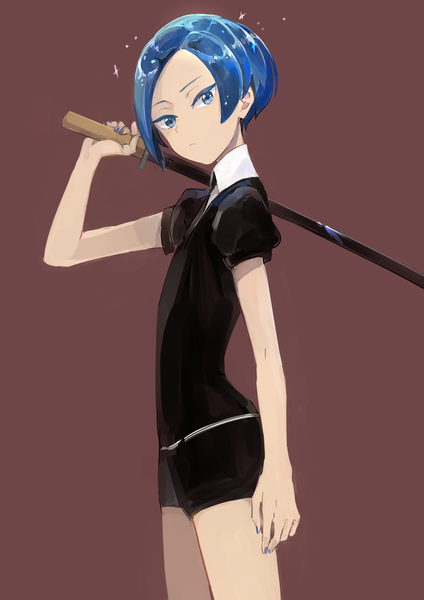 Anime picture 1447x2046 with houseki no kuni benitoite (houseki no kuni) monsieur single tall image looking at viewer short hair blue eyes simple background blue hair nail polish puffy sleeves brown background blue nail polish androgynous weapon over shoulder tsurime weapon sword shorts