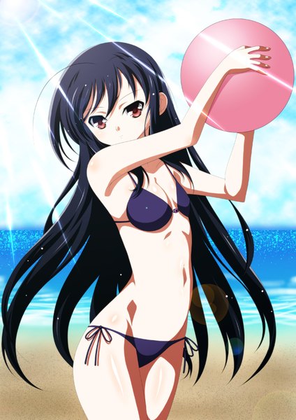 Anime picture 1280x1810 with accel world sunrise (studio) kuroyukihime ka2 (artist) single long hair tall image black hair red eyes bare shoulders sunlight bare belly armpit (armpits) beach girl navel swimsuit bikini sea black bikini