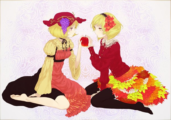 Anime picture 1000x703 with touhou aki minoriko aki shizuha egawa satsuki short hair blonde hair multiple girls yellow eyes full body eye contact girl dress 2 girls hat food hairband leaf (leaves) fruit berry (berries) apple